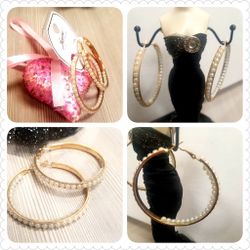 NWT Large Hoop Earings Gold with Pearls