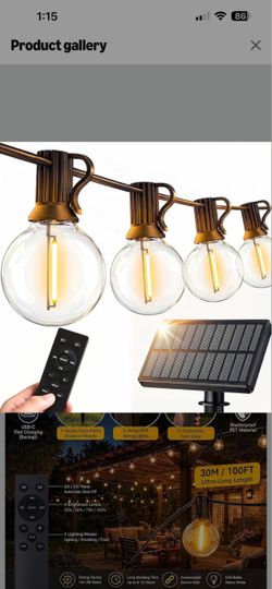 100FT Solar String Lights Outdoor Waterproof, G40 Patio Lights Shatterproof Bulbs with Remote Control, Dimmable Timer 3 Lighting Modes for Porch, Yard