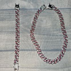 Pink Iced Out Cuban Chain & Bracelet