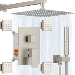 12 Inch Rainfall Shower Faucet with 4 Full Body Shower Jet Fixtures Combo, Wall Mounted Shower System Set with Rain Mixer Shower Head and 2 in 1 Spray