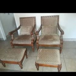 Arm Chairs + Footstools + Lumbar Pillows Matching Set