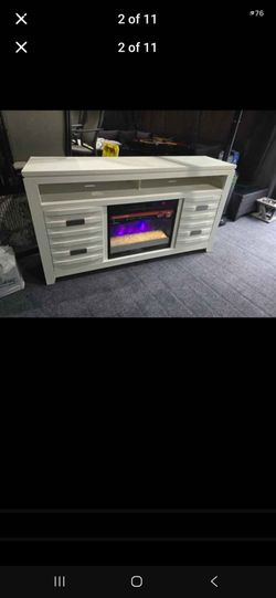 White TV Stand with Electric Fireplace Insert