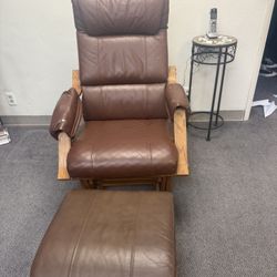 Dutailier Glider Wooden & Brown Leather Chair  with Ottoman