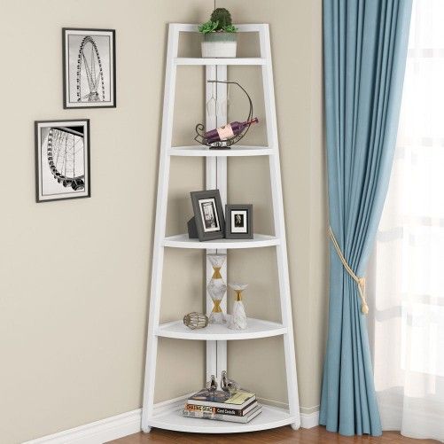  Corner Shelf Stand, 5-Tier Display Shelves, Ladder Corner Wood Storage Plant Bookshelf with Metal Frame,