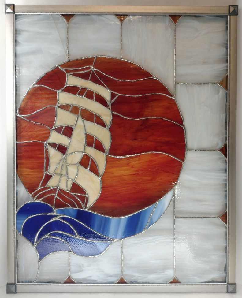 Stained Glass Sailing Ship Framed 24" X 30" Vintage 