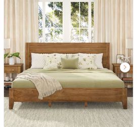 Lessio Light Brown Mid-Century 13.7 in. Solid Wood Frame King Platform Bed with Wooden Slats, Headboard, Easy Assembly