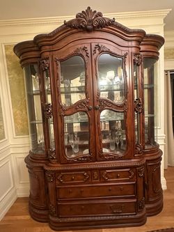 Large Ornate Wood China Cabinet with Glass Doors