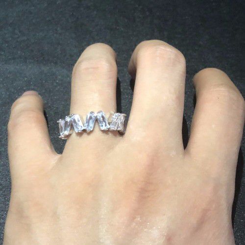"Shiny Irregular Rectangle Gems Full Around Zircon Silver Eternity Ring, K804
 
  