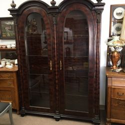Huge Hand Carved Curio Cabinet, Exotic Wood inlay, glass sides