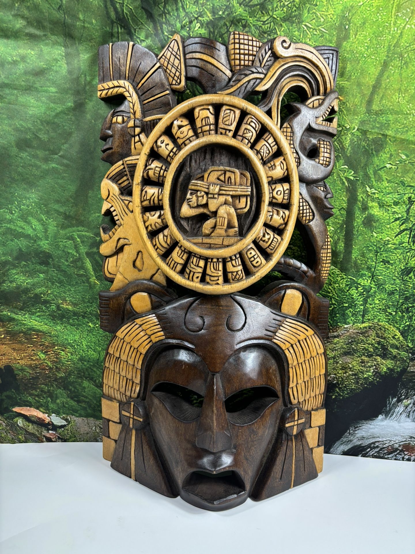 Tribal Mask Warrior Headdress Hand-Carved Wood Folk Art Wall Hang