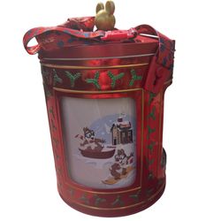 2022 Disneyland Parks Mickey & Friends Red Musical Rotating Christmas Tin Popcorn Bucket