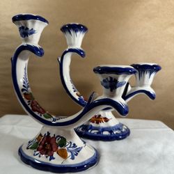 Hand-Painted Decorative Two Tier Ceramic Floral Candle Holder - Made in Portugal