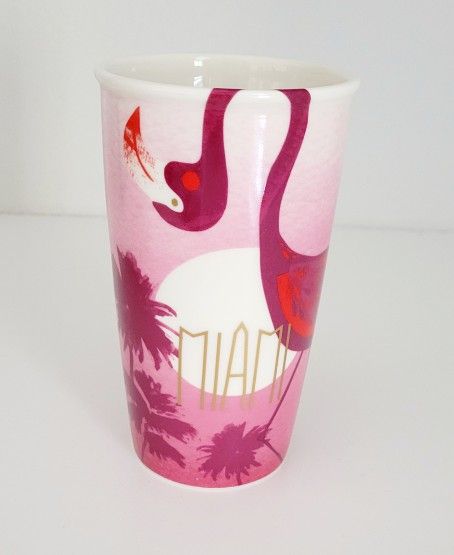 MIAMI Flamingo Pink/Gold Starbucks 12 oz Ceramic Travel Tumbler - 2016 - No Lid
