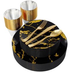 JOLLY PARTY 180PCS Disposable Dinnerware Set 30 Guest, 60 Black And Gold Plastic Plates, 30 Plastic Silverware, 30 Plastic Cups, Marble Design Plastic