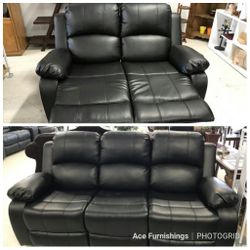 Brand New Black Leather 2pc Reclining Set