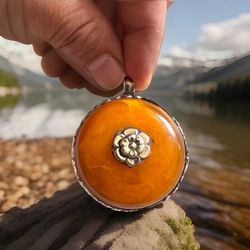 Unique Ethnic Tibetan Silver & Amber Resin Pendant With Auspicious Floral Hand Carving 2”inch & 38grams
