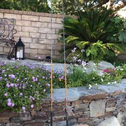 Two Bass Pro 12’ Fishing Rods with Shakepeare reels Plus a Box with over 100 jigs.