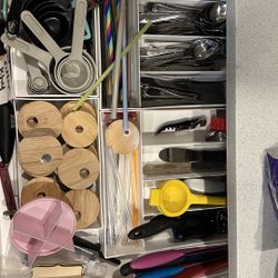 Silverware, Measuring Cups, Knifes, Utensils, Plus Organizers 