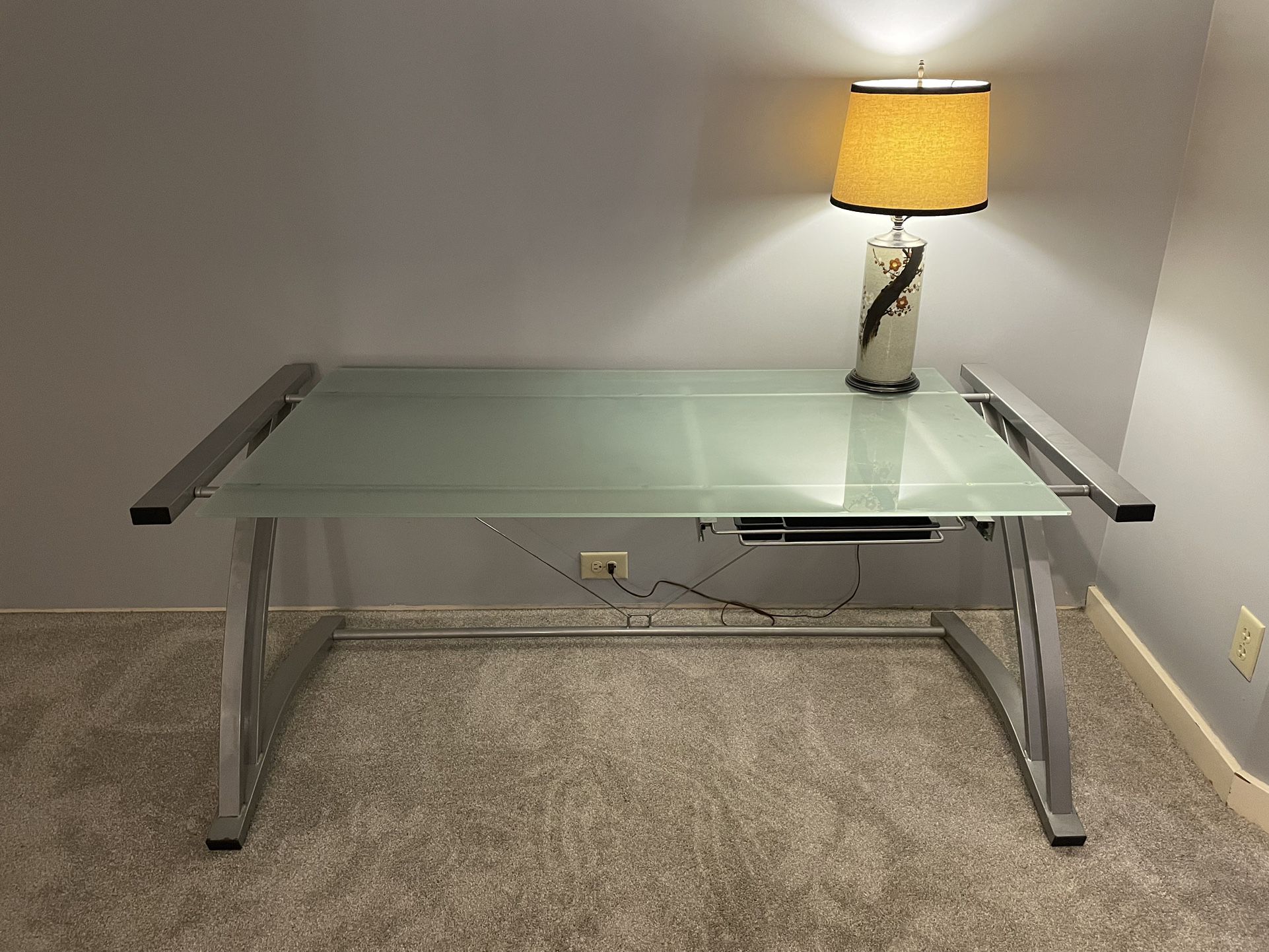 Large Computer Desk with Glass Tabletop and Drawer (65”x30”)
