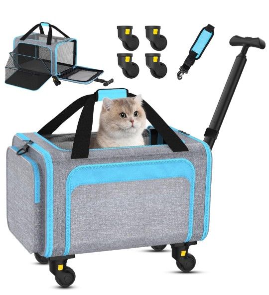 3-in-1 Upgraded Cat Carrier with Wheels, Airline Approved Pet Carrier for Small Cats Up to 15Lbs, 18" x 11" x 11" Newly Designed Rolling Cat Carrier,