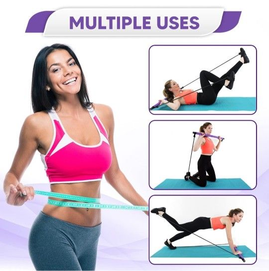 Pilates Bar Kit for Weight Loss and Belly Fat - Portable Lightweight 2 Section Pilates Bar Kit with Resistance Bands - Home Studio Workout Active