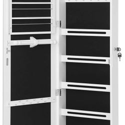 SONGMICS LED Jewelry Cabinet, Lockable Door-Mounted Jewelry Organizer with Full-Length Mirror, Drawers, Shelves, Jewelry Armoire, Gift Idea, White