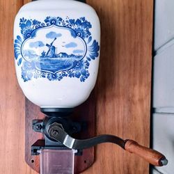 Vintage Dutch Coffee Mill with Blue Delft Ceramic Canister, Grinder