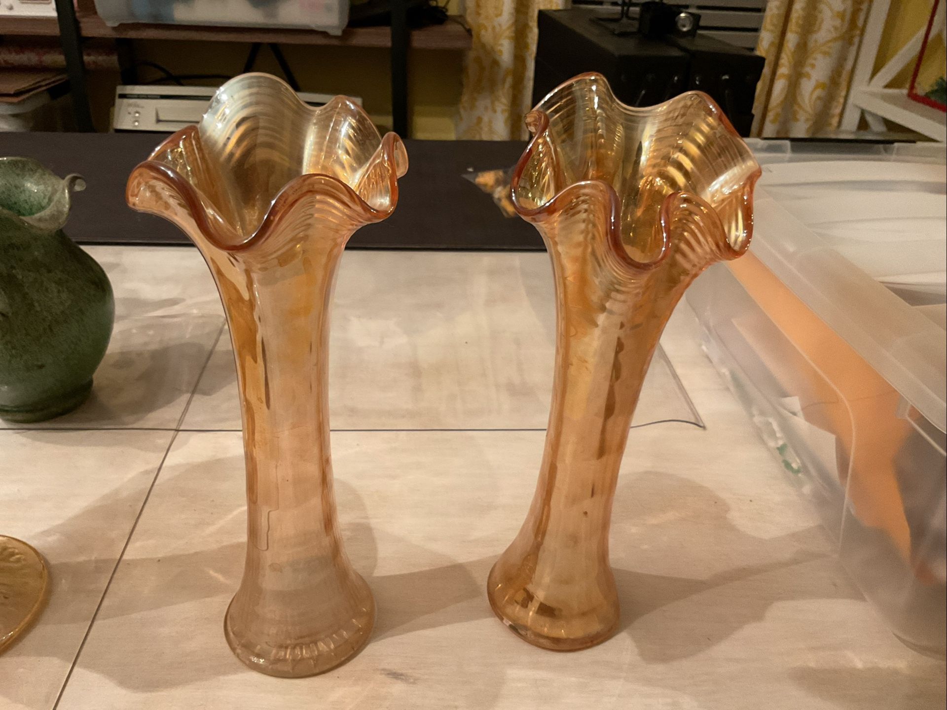Vintage Imperial Carnival Glass Vases 10 Inches Tall And 3 Inch Wide Base