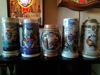 5 Vintage Old Style Beer Steins 