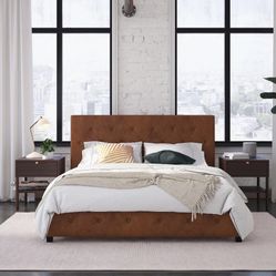 Platform Bed, Queen, Camel Faux Leather 