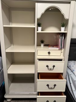 White Wood Armoire with Shelves and Drawers