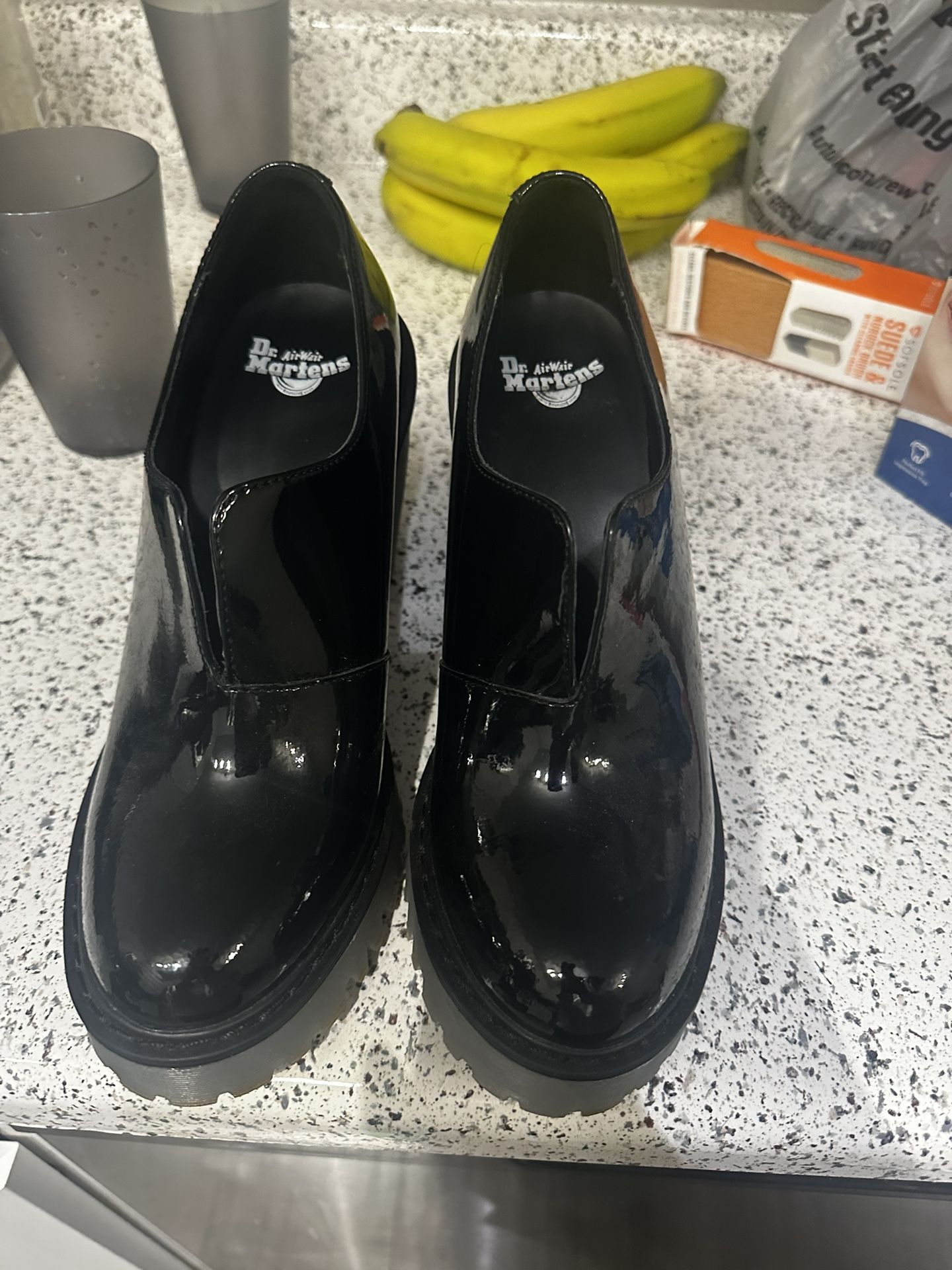 Dr Martens Black patent leather Cordelia chunky block heel loafer booties sz 7