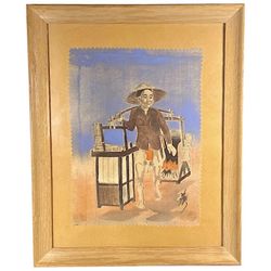 Vietnamese Silk Painting Framed Artwork Man Street Vendor Traditional MCM VTG