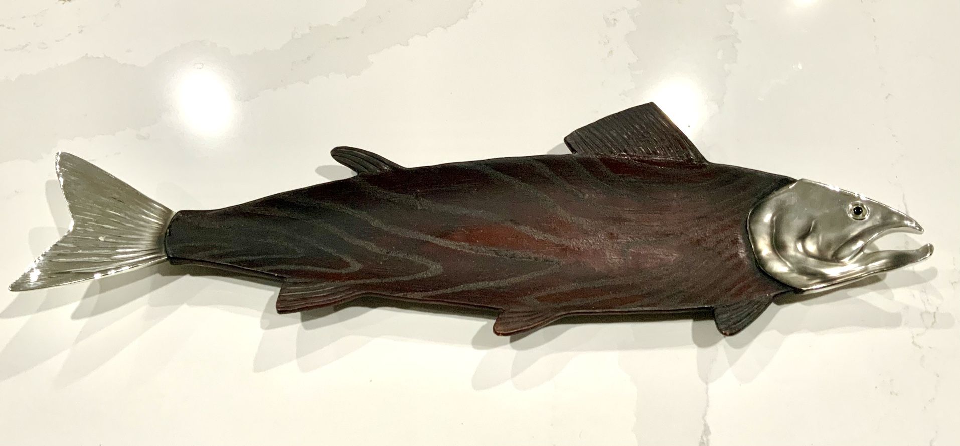 Serving Platter, Salmon Fish, Wood, Metal, 24 Inches Long
