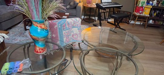 Beautiful Beveled Round Thick Beveled Glass Coffee Table+2 End Tables