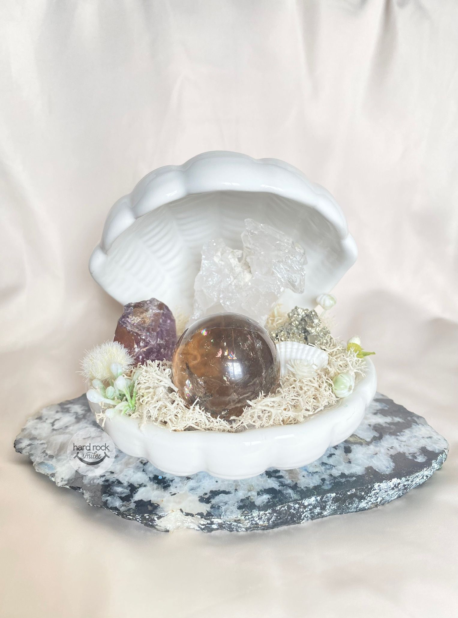 seashell crystal garden with smoky quartz sphere