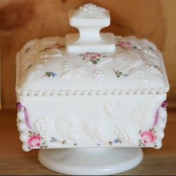 Vintage Westmoreland Milk Glass Hand Painted Pedestal Candy Dish With Lid