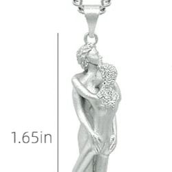 NEW! Romantic Couple Hug Necklace, 24" chain, 1.65" pendant, copper material, silver color 