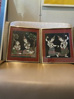 Pair of Vintage Hand-Painted Thai Silk Art - Traditional Dancers - 12” x 14”