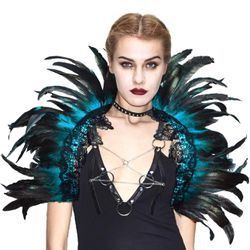 Victorian Natural Feather Poncho Capelet Shrug Wrap Lace Collar Shoulder Halloween Witch Shawl Costumes