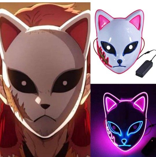 LED Demon Mask Halloween Japanese Slayer Cartoon Fox Cat LED Light Up
