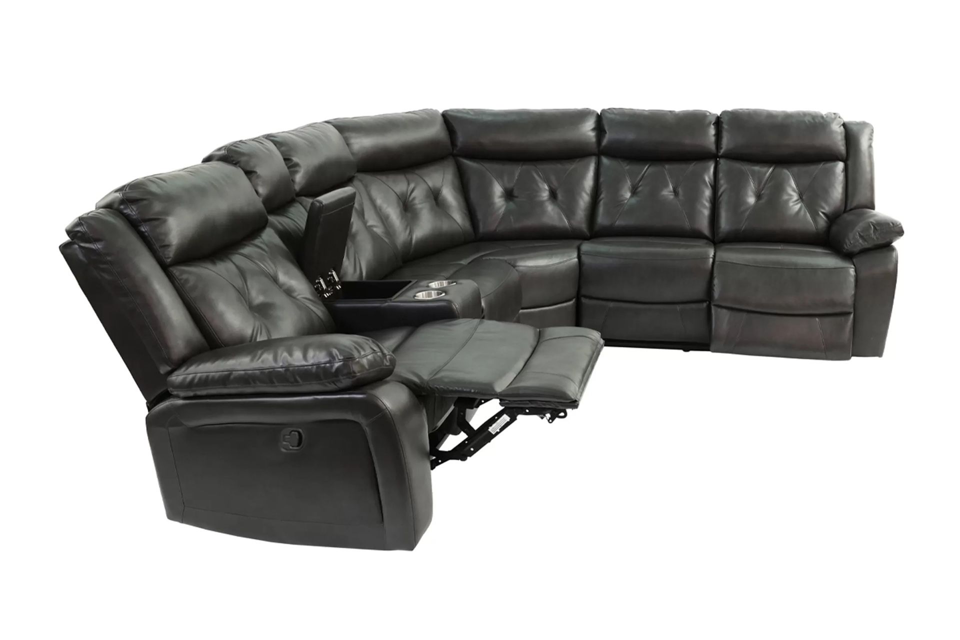 Grey Leather Sectional With Manual Motion Reclining Seats + Storage Console + Cup Holders
