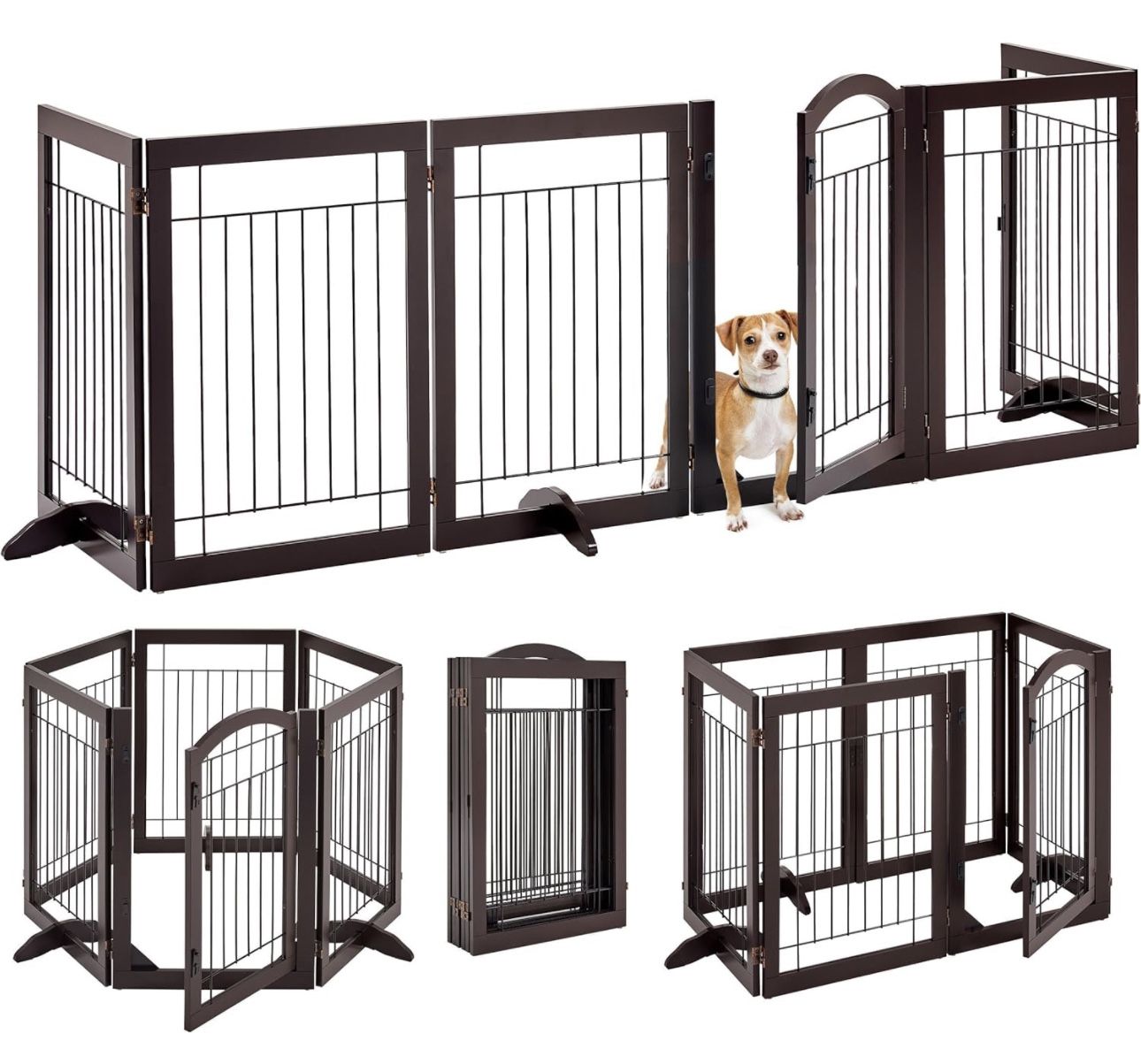 32-inch Tall Dog Gate with Door Extra Wide Pet Gate for Dogs, Foldable Wire & Wooden Puppy Safety Fence w/3 Support Feet,Freestanding Dog Gate for the