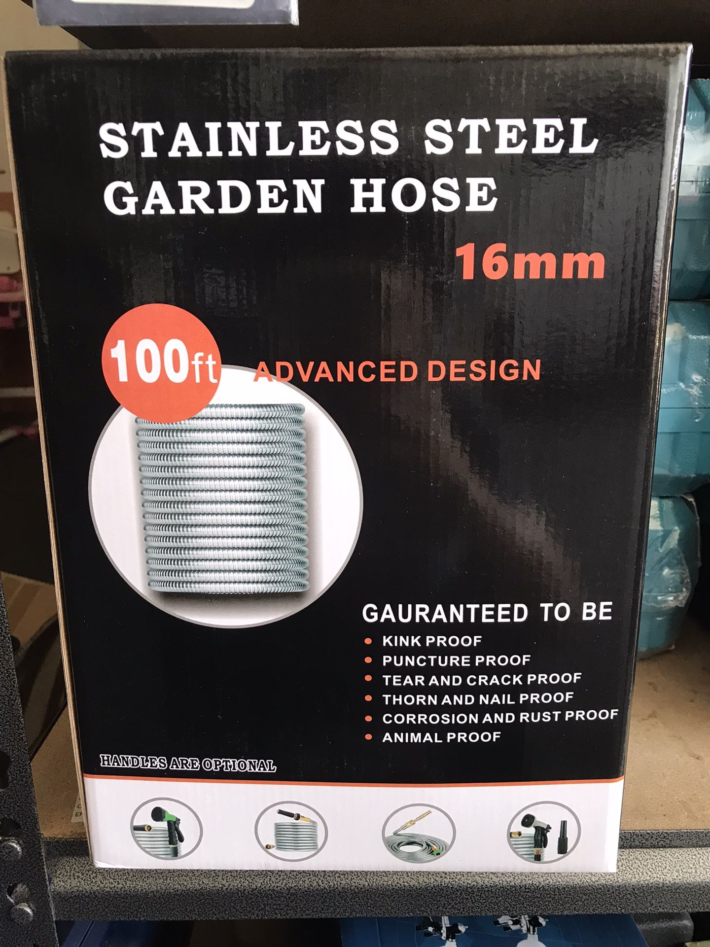 100ft Stainless Steel Garden Hose with 10-Way Nozzle and Brass Fittings