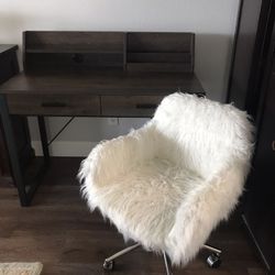 Wood/Iron Desk and Fluffy White Chair