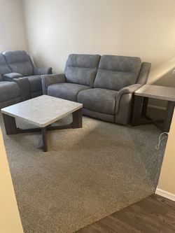 Grey recliner sectional living room set with 3 end tables
