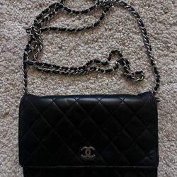 Vintage Chanel Black Quilted Wallet On Silver Chain 