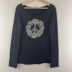 LUCKY BRAND Y2K Vibes Black Roses Peace Sign Grunge Graphic Long Sleeve Tee