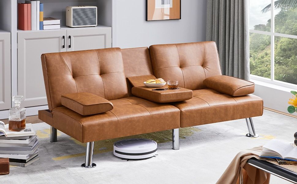 Convertible Faux Leather Couch Sofa Bed – Recliner, Cup Holders, Removable Arms – Great Condition