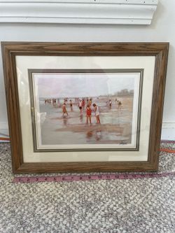 Picture With Wooden Frame Beach Theme With Kids Signed Mel Steele